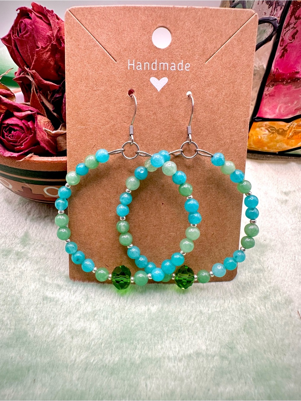 Handmade Amazonite & Aventurine Beaded Hoop Earrings